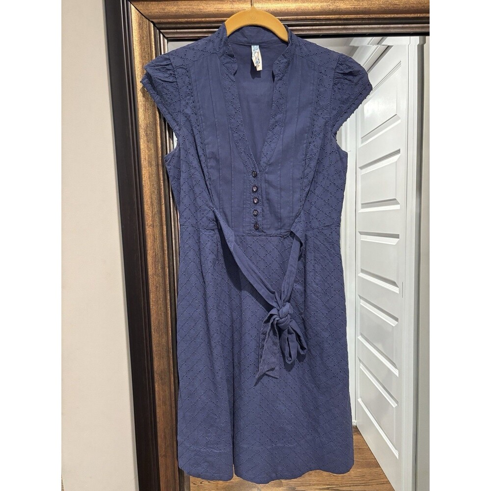 Maeve Anthropologie Navy Blue Eyelet Cotton Midi Dress Size 0 Tie Waist